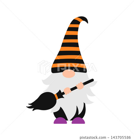 Halloween gnome in orange and black striped hat holding broomstick. Cute cartoon character. Vector template for poster, greeting card, banner, sticker, shirt design etc. Halloween gnome in orange and black striped hat holding broomstick. Cute cartoon character. Vector template for poster, greeting card, banner, sticker, shirt design etc. 143705586