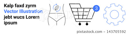 E-commerce, fitness, sustainability, online shopping, health, and technology. Shopping cart with a number badge, female body shape leaf icon and gear symbol. E-commerce and fitness concept 143705592