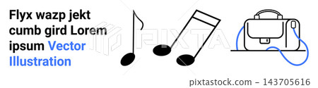 Music education, creative design, learning tools, advertising, business branding, minimalism. Minimalist black notes, white background and a modern bag line drawing. Music education and creative Music education, creative design, learning tools, advertising, business branding, minimalism. Minimalist black notes, white background and a modern bag line drawing. Music education and creative 143705616