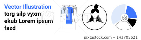 Fashion design, branding, identity, analytics, tech solutions, information. Clothing rack, woman portrait gear-infused chart. Fashion design and branding illustrated through conceptual elements Fashion design, branding, identity, analytics, tech solutions, information. Clothing rack, woman portrait gear-infused chart. Fashion design and branding illustrated through conceptual elements 143705621