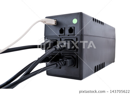 UPS Battery Backup Power Supply with Connected Cables UPS Battery Backup Power Supply with Connected Cables 143705622