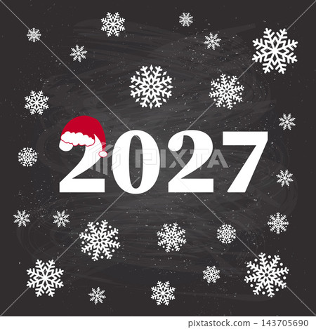 2027 with Santa hat on chalkboard background with snowflakes. Christmas typography poster. Vector template for banner, sign, greeting card, invitation, etc. 143705690
