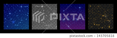 Starry night transparent. Magical cosmic nebula and milky way with Starry overlay. Set of gradient sky backgrounds. Bright stars and sparkle effect with meteor flare. Square Vector illustrations 143705818