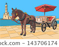 Color Vector Illustration of Horse, Carriage and Lighthouse in Chania, Crete, Greece 143706174