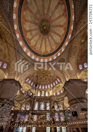 Istanbul,turkey,august 6, 2025. Sultan ahmed mosque in istanbul showing grand dome, calligraphy, stained glass windows, and hanging chandeliers. Islamic architecture and faith Istanbul,turkey,august 6, 2025. Sultan ahmed mosque in istanbul showing grand dome, calligraphy, stained glass windows, and hanging chandeliers. Islamic architecture and faith 143706251