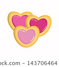 A festive arrangement of three heart-shaped cookies, decorated with colorful icing and edible glitter. The vibrant details and cheerful composition radiate joy and a festive atmosphere 143706464