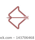 bow and arrow set isolated on a white background. The bow features a classic curved design with visible wood grain and decorative details; the arrow has a metallic tip and feathered fletching 143706468