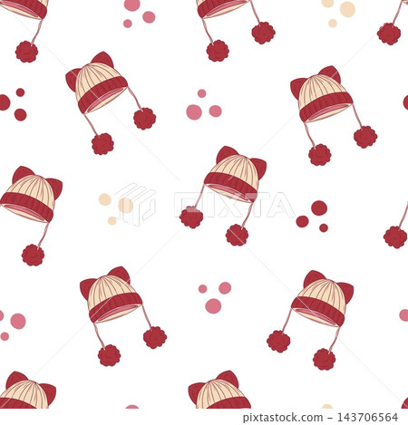 Seamless vector pattern with knitted winter hats with cat ears and pompoms Seamless vector pattern with knitted winter hats with cat ears and pompoms 143706564