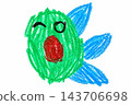 一幅兒童用蠟筆畫的綠色魚的插圖。 143706698
