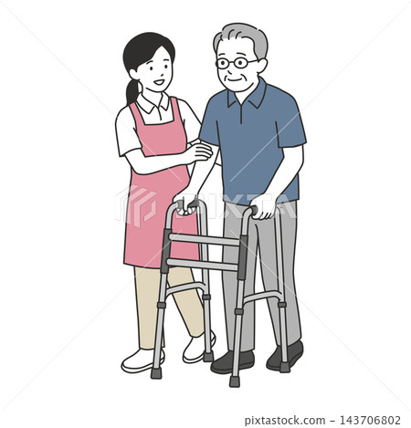 An illustration of a female caregiver assisting a senior man using a walker, ensuring his safety while walking. An illustration of a female caregiver assisting a senior man using a walker, ensuring his safety while walking. 143706802