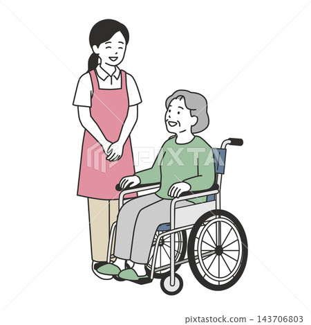 An illustration of a female caregiver gently smiling and chatting with a senior woman in a wheelchair. An illustration of a female caregiver gently smiling and chatting with a senior woman in a wheelchair. 143706803