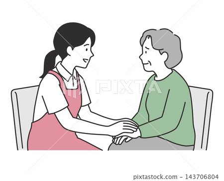 An illustration of a female caregiver gently comforting an anxious senior woman, holding her hand in her arms. An illustration of a female caregiver gently comforting an anxious senior woman, holding her hand in her arms. 143706804