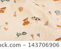 Knitted fabric with a farmhouse print as a background macro photo. 143706906