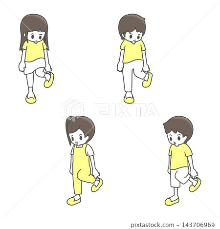 A set of illustrations of children putting on shoes A set of illustrations of children putting on shoes 143706969