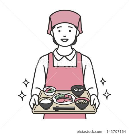 插圖描繪了一位微笑的廚房工作人員在餐廳為客人提供日式套餐。 143707164