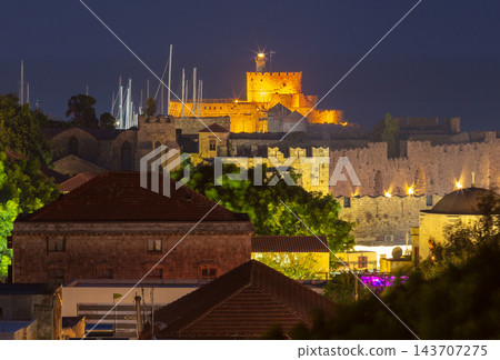 Illuminated Medieval Fortifications of Rhodes Old Town at Night, Greece Illuminated Medieval Fortifications of Rhodes Old Town at Night, Greece 143707275