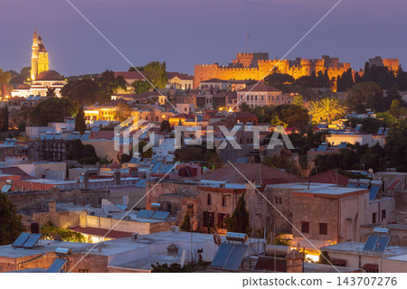 Illuminated Medieval Fortifications and Rhodes Old Town at Twilight, Greece Illuminated Medieval Fortifications and Rhodes Old Town at Twilight, Greece 143707276