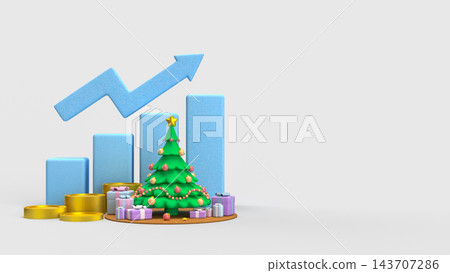 Christmas Sales Growth Concept with Rising Blue Chart Golden Coins and Festive Tree 3d render. Christmas Sales Growth Concept with Rising Blue Chart Golden Coins and Festive Tree 3d render. 143707286