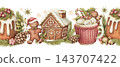 Watercolor christmas seamless border with gingerbread house and cookie man. Vintage winter illustration shows knitted mug and cake. Festive sweet pattern design. Traditional graphic for holiday print. 143707422