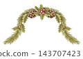Watercolor christmas curvy border with pine branch and holly berry. Vintage winter art shows realistic red berry and cone detail. Natural christmas card design. Traditional graphic for holiday print. 143707423