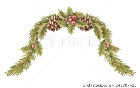 Watercolor christmas curvy border with pine branch and holly berry. Vintage winter art shows realistic red berry and cone detail. Natural christmas card design. Traditional graphic for holiday print. Watercolor christmas curvy border with pine branch and holly berry. Vintage winter art shows realistic red berry and cone detail. Natural christmas card design. Traditional graphic for holiday print. 143707423