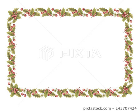 Watercolor holly frame with red berries and green leaf. Vintage Christmas border surrounds a blank background. Use for postcard and invitation design. Seasonal graphic art suits card and packaging. Watercolor holly frame with red berries and green leaf. Vintage Christmas border surrounds a blank background. Use for postcard and invitation design. Seasonal graphic art suits card and packaging. 143707424