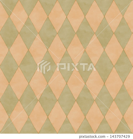 Diamond seamless pattern with watercolor orange and green rhombus shapes. Geometric argyle texture creates vintage background. Use for wallpaper and fashion fabric. Retro circus textile print art. 143707429