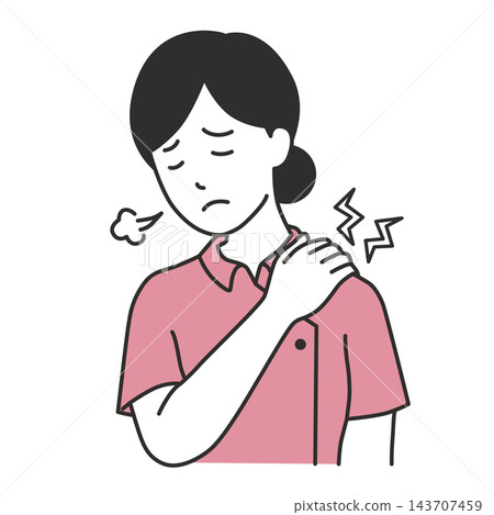 An illustration of a female nurse sighing and putting her hand on her shoulder, suffering from stiff shoulders. An illustration of a female nurse sighing and putting her hand on her shoulder, suffering from stiff shoulders. 143707459