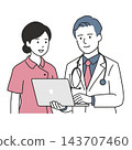 A male doctor and a female nurse are seen smiling and consulting while looking at a laptop screen. 143707460