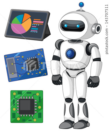 Futuristic Robot Character with Data Tablet and Circuit Board Components Futuristic Robot Character with Data Tablet and Circuit Board Components 143707511