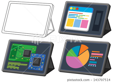 Set of Tablet Computer Vector Illustrations with Various Screen Displays Set of Tablet Computer Vector Illustrations with Various Screen Displays 143707514