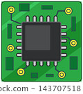 Flat Vector Illustration of a Computer Microchip on Green Circuit Board 143707518