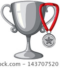 Silver Trophy Cup and Medal with Red Ribbon Illustration 143707520