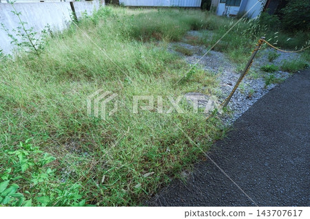 住宅區內一小塊未使用的空地，周圍環繞著房屋和圍牆（房地產、住宅區、土地利用圖） 143707617