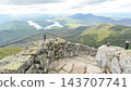 Stone steps and rock wall overlooking winding lakes, green mountains, and expansive alpine landscape from a rugged summit viewpoint 143707741