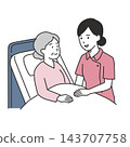 A female nurse smiles and speaks to an elderly female patient lying in bed in her hospital room. 143707758