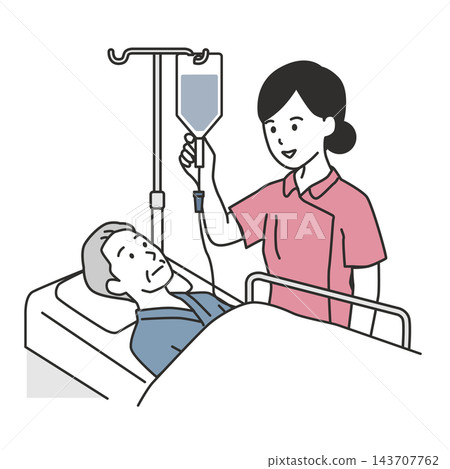 An illustration of a female nurse checking and managing the IV drip of an elderly male patient who is hospitalized. 143707762