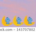 Three cute blue rabbit characters sitting on yellow crescent moons in a row against a soft purple pastel sky, offering ample copy space for banners, kids posters 143707802