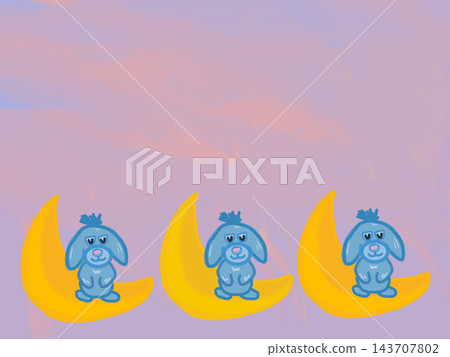 Three cute blue rabbit characters sitting on yellow crescent moons in a row against a soft purple pastel sky, offering ample copy space for banners, kids posters 143707802