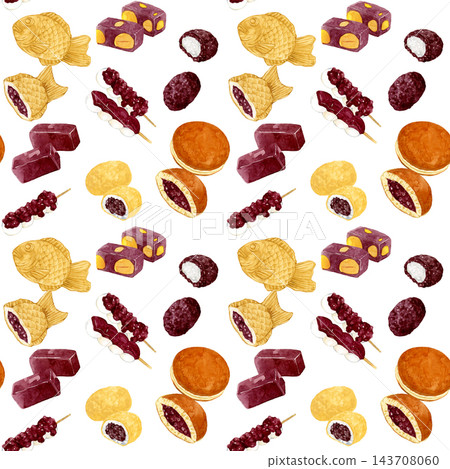 Patterns of Japanese sweets made with red bean paste (azuki/anko), hand-drawn watercolor illustrations. Patterns of Japanese sweets made with red bean paste (azuki/anko), hand-drawn watercolor illustrations. 143708060