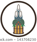 Colorful Kadomatsu (New Year's pine decoration) icon illustration enclosed in a circle / Green and red circular frame material 143708230