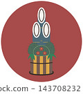 Colorful Kadomatsu (New Year's pine decoration) icon illustration with a round background / Green and red New Year's materials 143708232