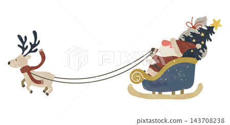 聖誕老人乘坐馴鹿拉的雪橇的向量插圖。 143708238