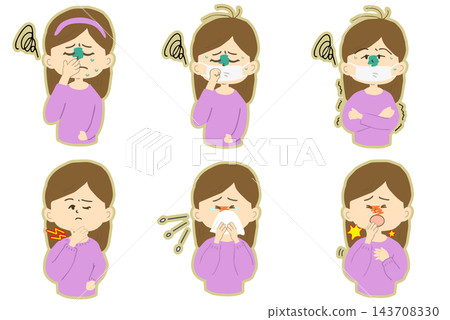 A set of bordered illustrations of women suffering from colds and other ailments (stuffy nose, cough, chills, sore throat). A set of bordered illustrations of women suffering from colds and other ailments (stuffy nose, cough, chills, sore throat). 143708330