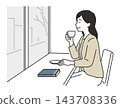 An illustration of a woman enjoying a cup of coffee and reading by the window of a cafe. 143708336
