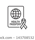 Line icon of a health passport document with a cancer awareness ribbon badge. 143708532