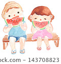 Watercolor illustration of a child eating watermelon 143708823