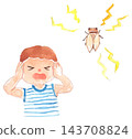 A watercolor illustration of a child covering their ears to the sound of cicadas. 143708824