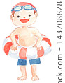 A watercolor illustration of a boy in a swimsuit holding a lifebuoy. 143708828