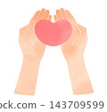 A simple watercolor-style illustration of a heart on a hand, viewed from directly above. Image material for conveying themes of love and gratitude. 143709599